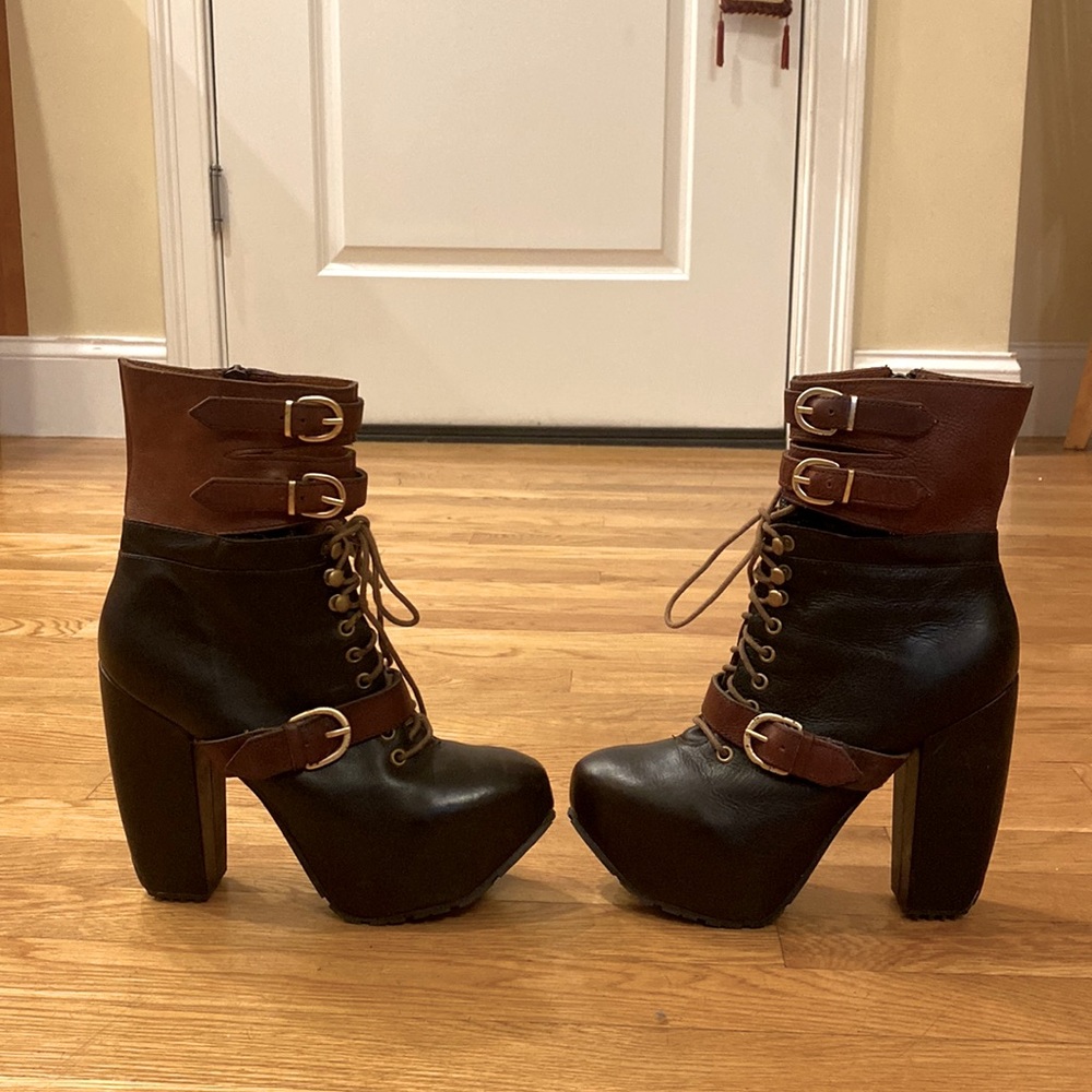Real leather platform lace up black boot by Miista size 8.5